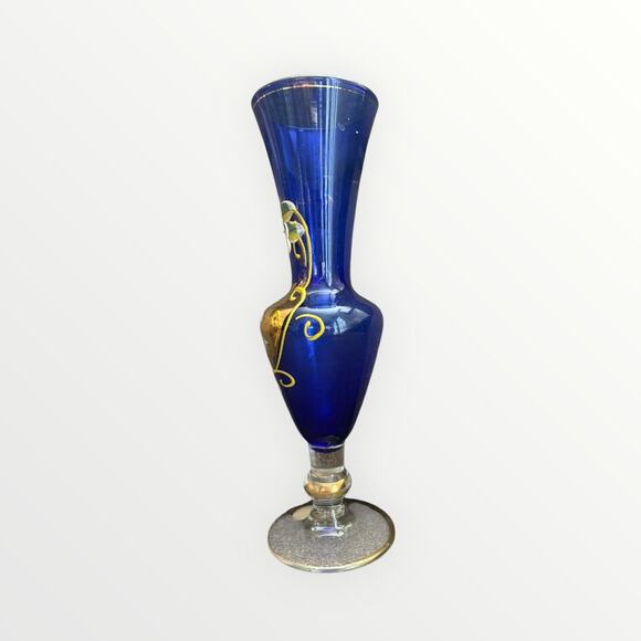Bohemian Vintage Art Glass Cobalt Blue Hand Painted Enamel Flowers Gilded Vase - Picture 3 of 8